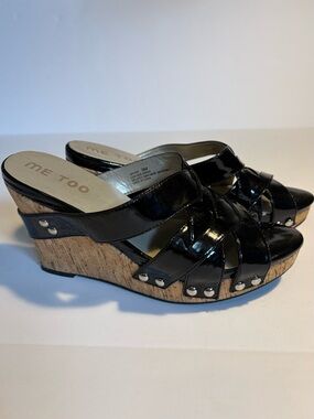 Me Too Black Patent Cork Wedge Slide Sandals, Sz 9 but fit smaller.